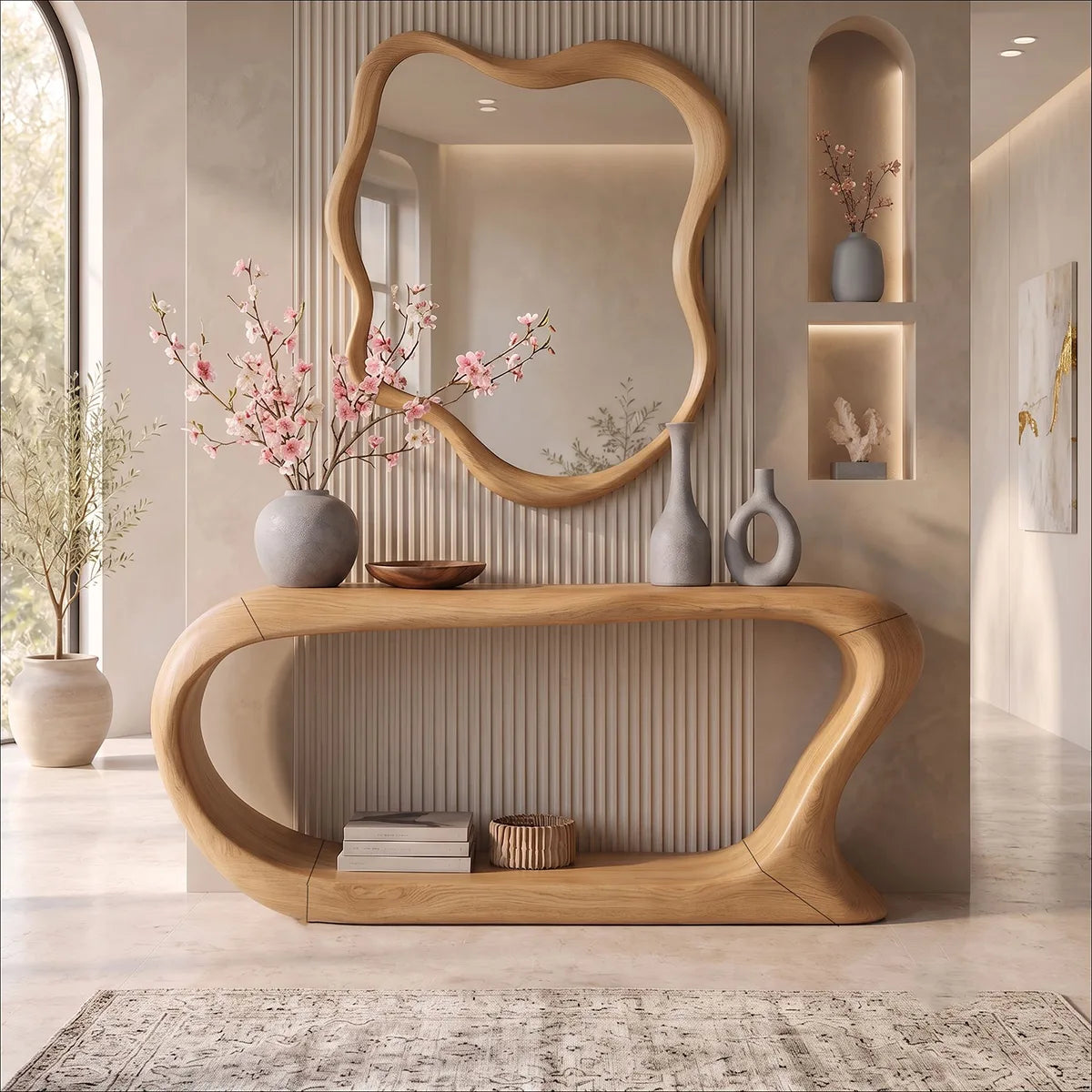 Organic Modern Console Table with Open Shelf & Sculptural Curved Frame for Entryway TT006-6916