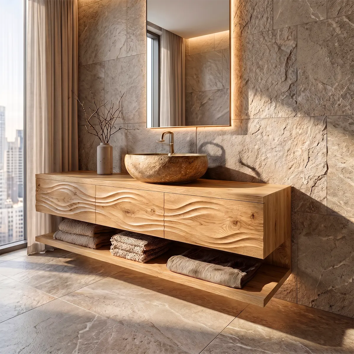 Floating Bathroom Vanity with 3 Drawers & Full-Length Open Shelf | Sculptural Wave Front Design