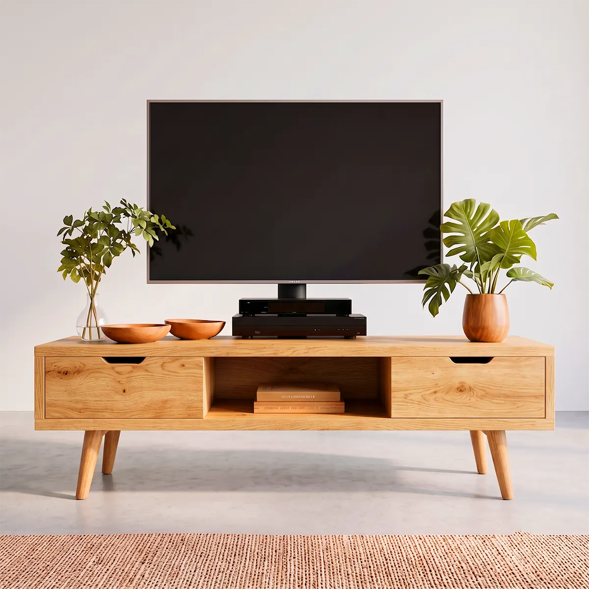 Mid-Century Modern TV Stand with 2 Drawers & Open Shelf | Low Profile Media Console