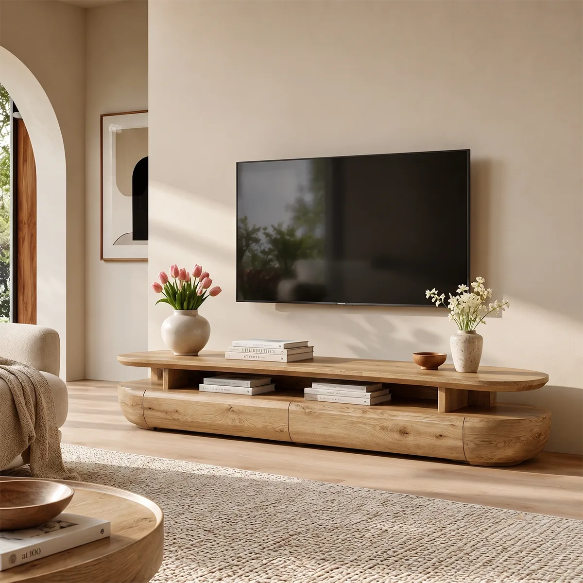 Organic Modern TV Stand with Open Shelf & 2 Drawers | Modern Media Console TT006-1JRE9PZ