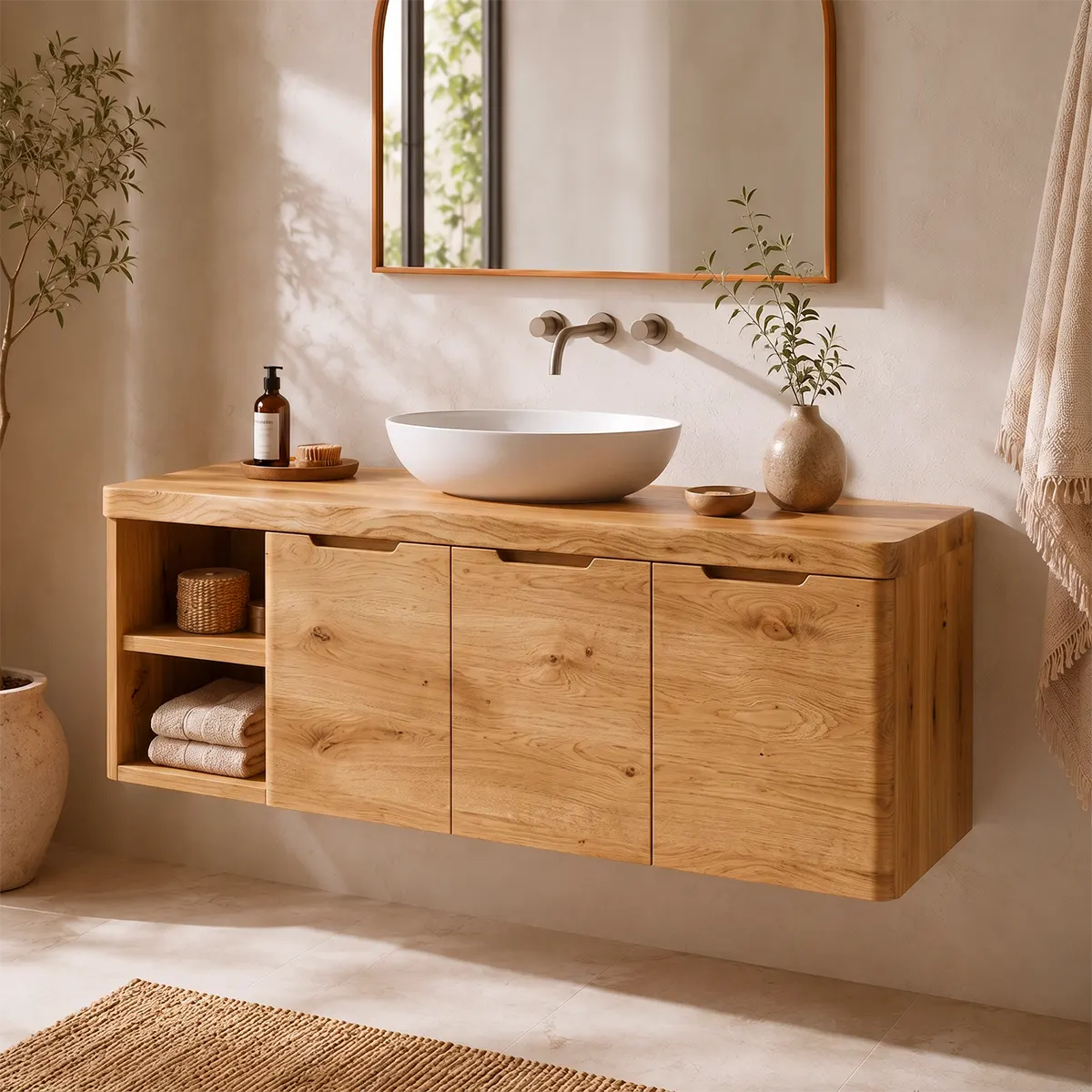 Floating Solid Wood Bathroom Vanity with Open Shelves & Hinged Cabinets | Wall Mounted Bathroom Vanity with Double-Door Storage TT006-4CCT8FL