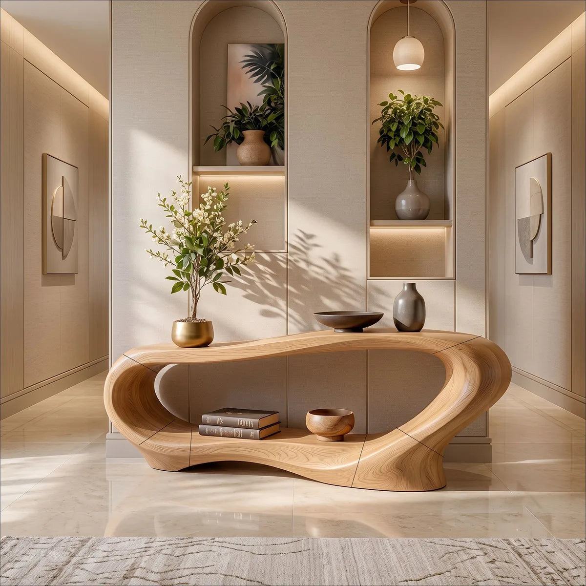 Organic Modern Console Table with Open Display Shelf & Sculptural Curved Design TT006-3660