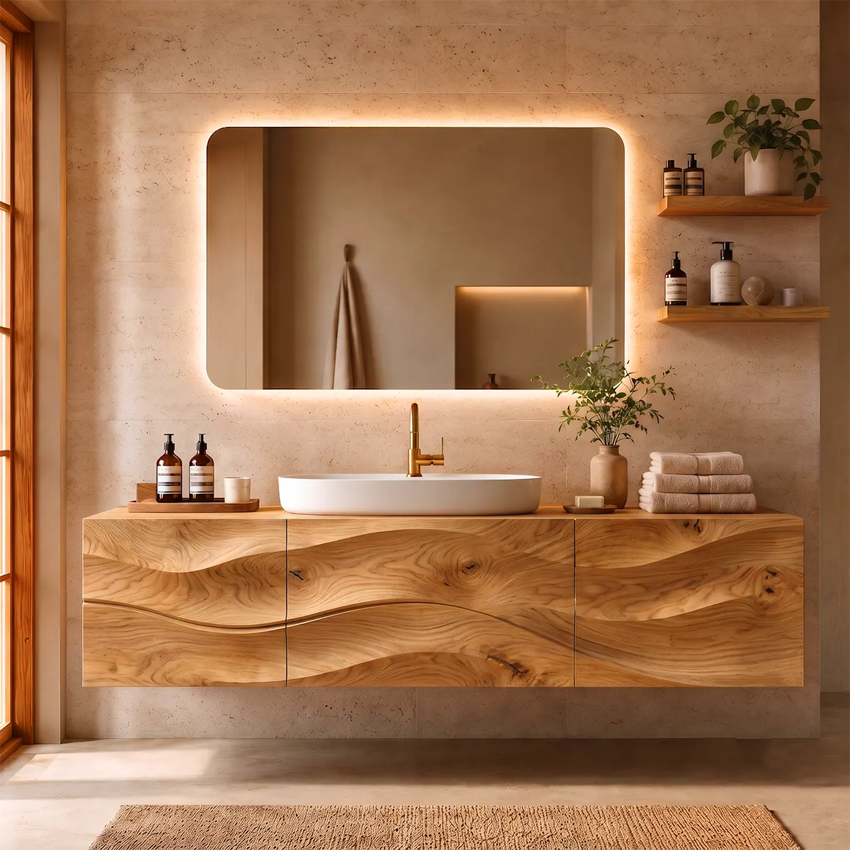Floating Bathroom Vanity with 3 Doors | Sculpted Wave Front & Handleless Modern Design