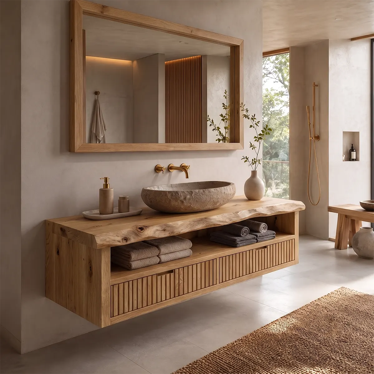 Floating Solid Wood Bathroom Vanity | Live Edge Bathroom Vanity with Fluted Drawers and Open Shelf TT006-8ZMT8QZ