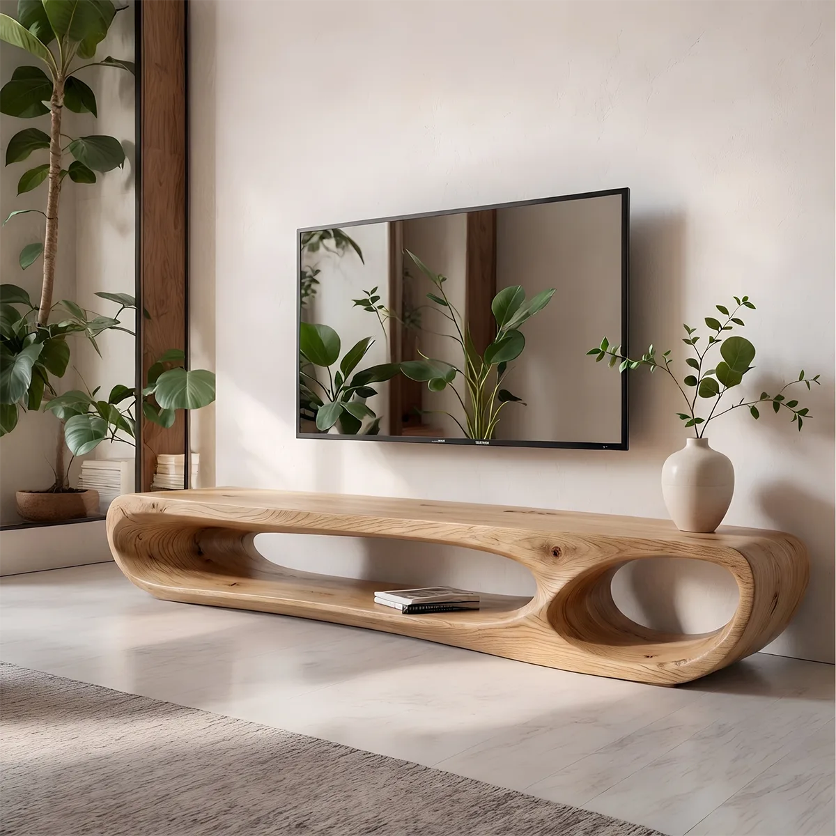 Modern Sculptural TV Stand with Open Display Shelves | Organic Media Console TT006-2SJT8FS