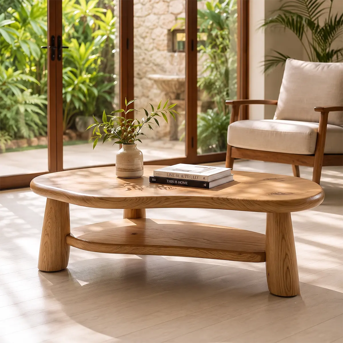 Organic Solid Wood Coffee Table with Storage Shelf | Modern Rustic Living Room Table TT006-2547