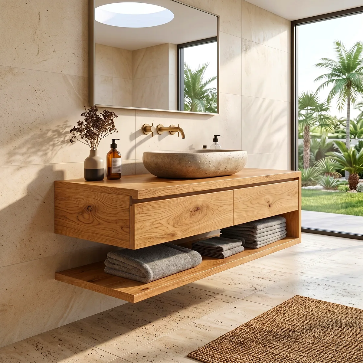 Floating Bathroom Vanity with 2 Drawers & Open Shelf | Modern Minimalist Wall Mounted Design