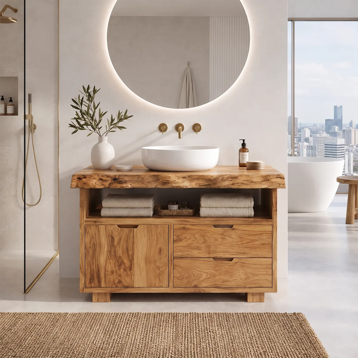 Freestanding Bathroom Vanity with Storage & Open Shelf | Live Edge Modern Design