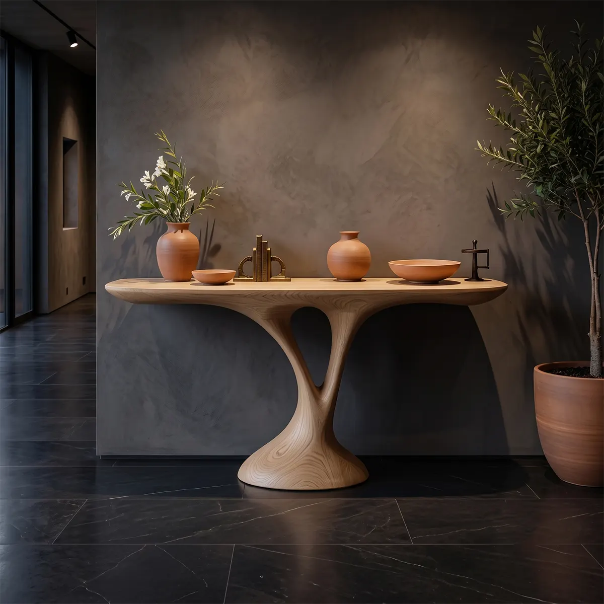 Organic Modern Console Table with Sculptural Pedestal Base for Entryway & Living Room TT006-2903