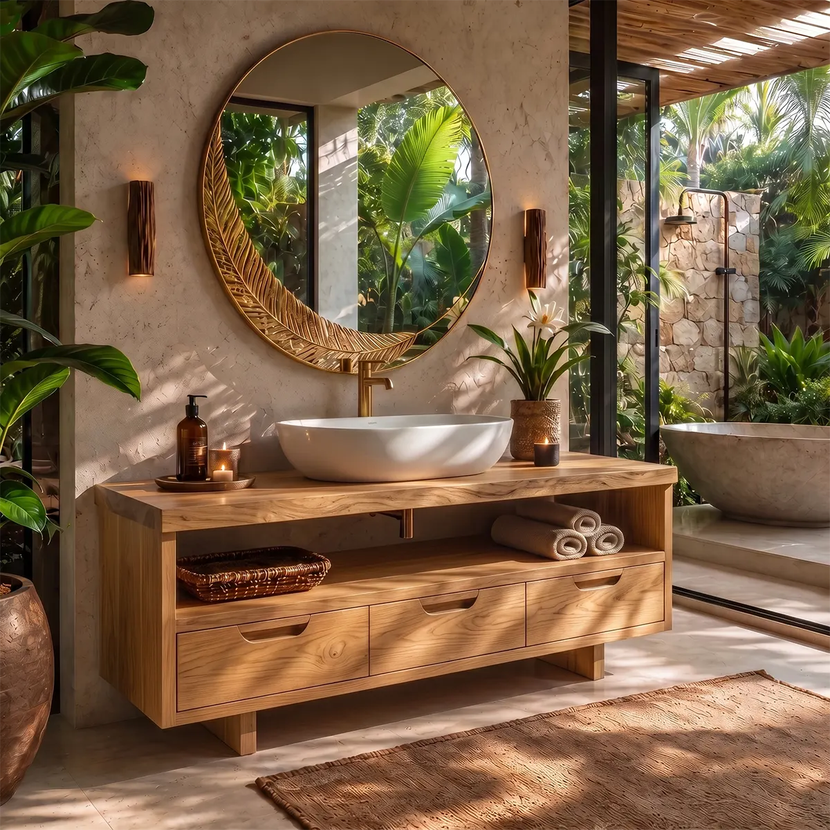 Freestanding Solid Wood Bathroom Vanity | Live Edge Wood Vanity with Open Shelf & Three Drawers TT006-2MDA2PI