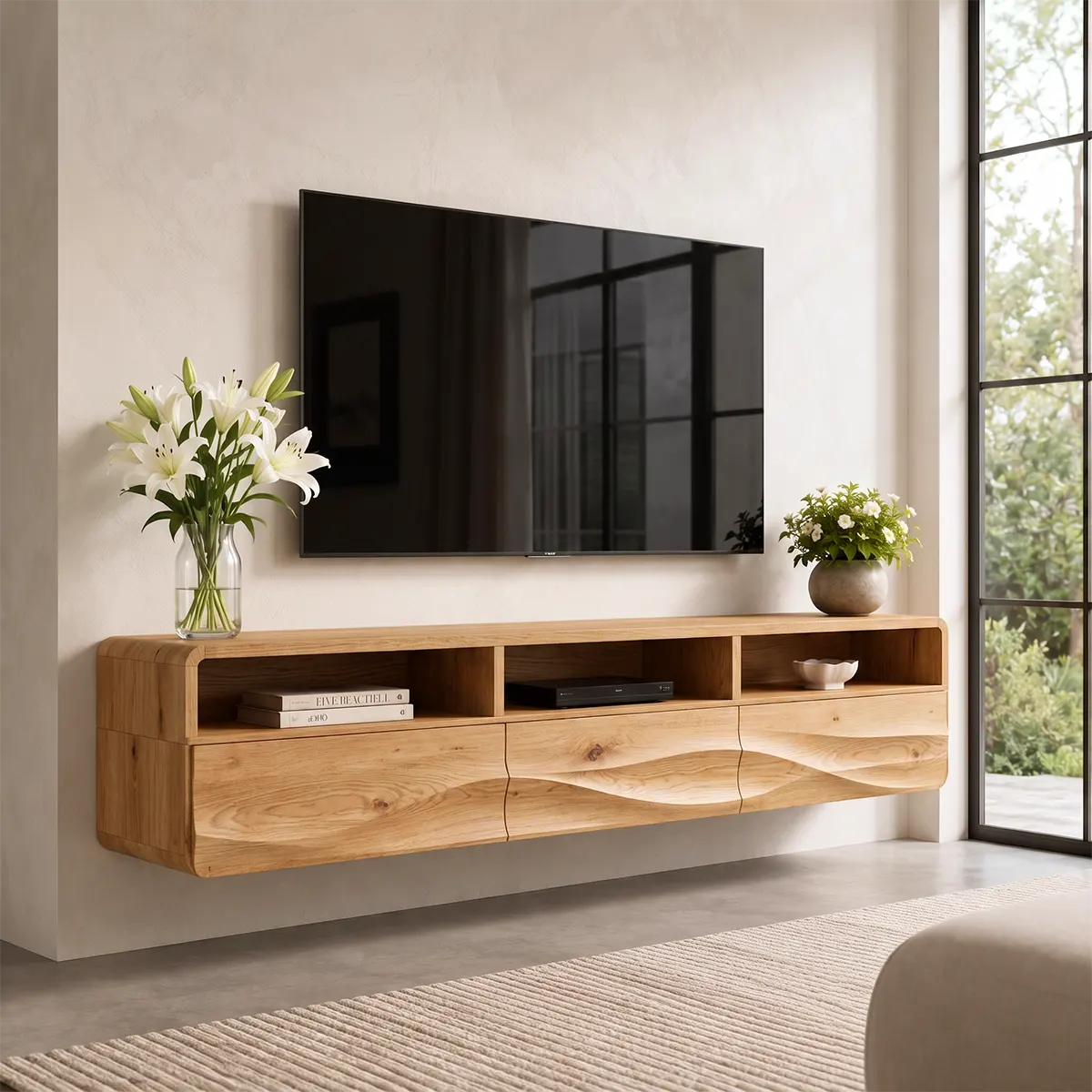 Organic Modern Floating TV Stand with Open Shelving & Three Drawers TT006-8JIK6GK