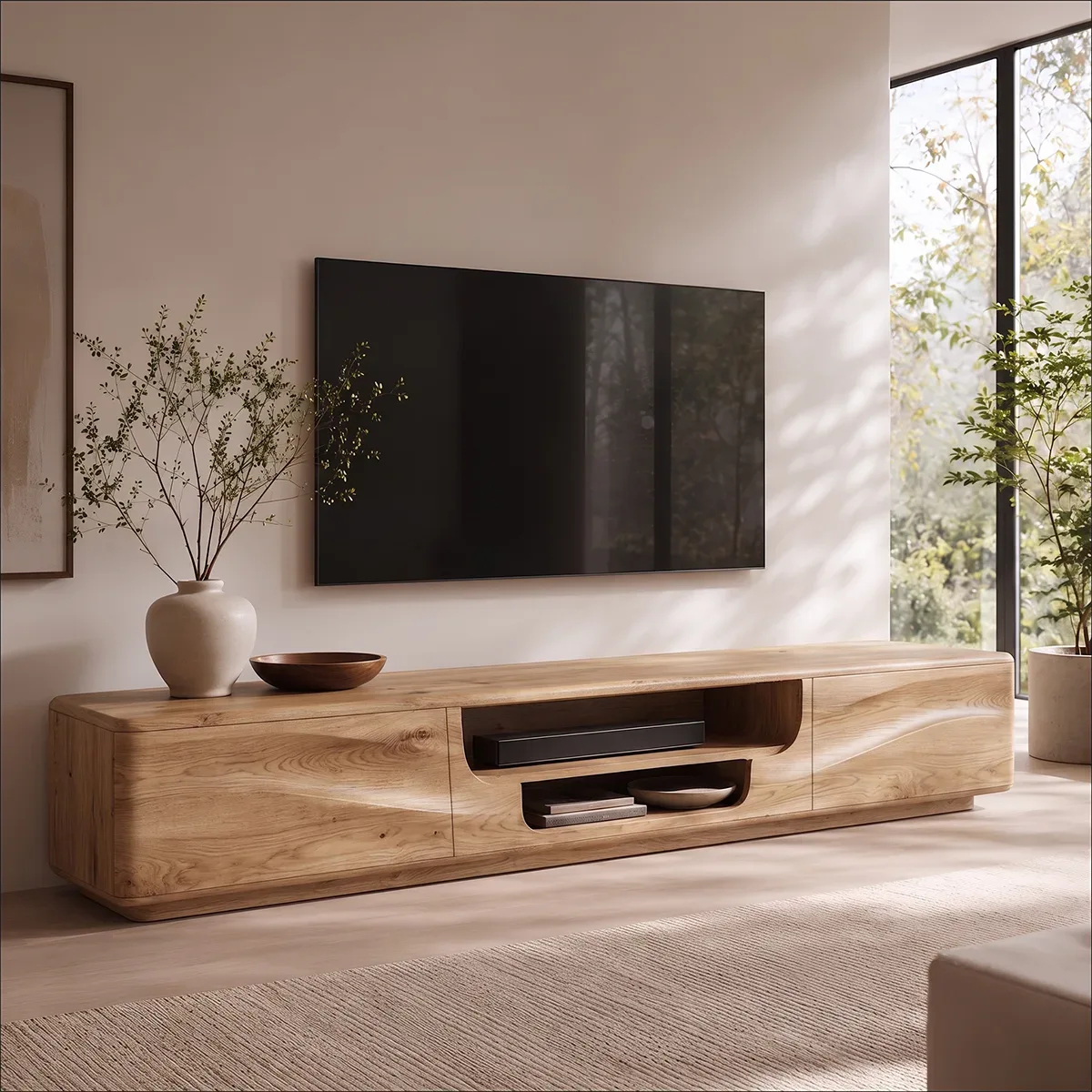 Organic Modern TV Stand with Dual Cabinets & Open Media Shelf | Modern Entertainment Console TT006-7DSN7TR