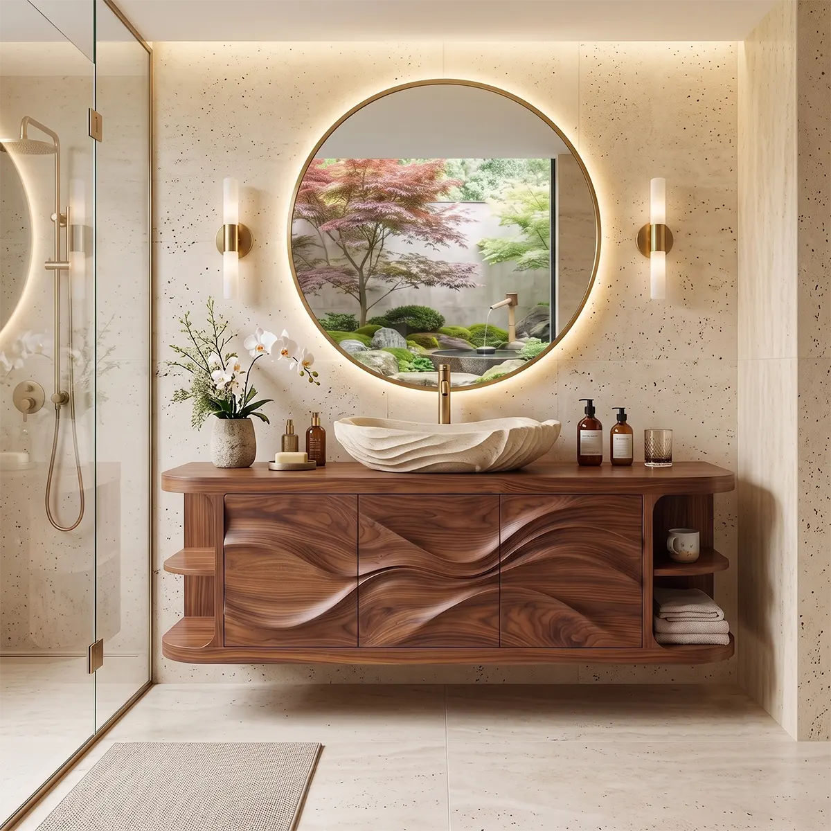 Modern Floating Bathroom Vanity with Wave Carved Doors & Open Shelves | Solid Wood Wall Mounted Bathroom Vanity TT006-8NEC3KF