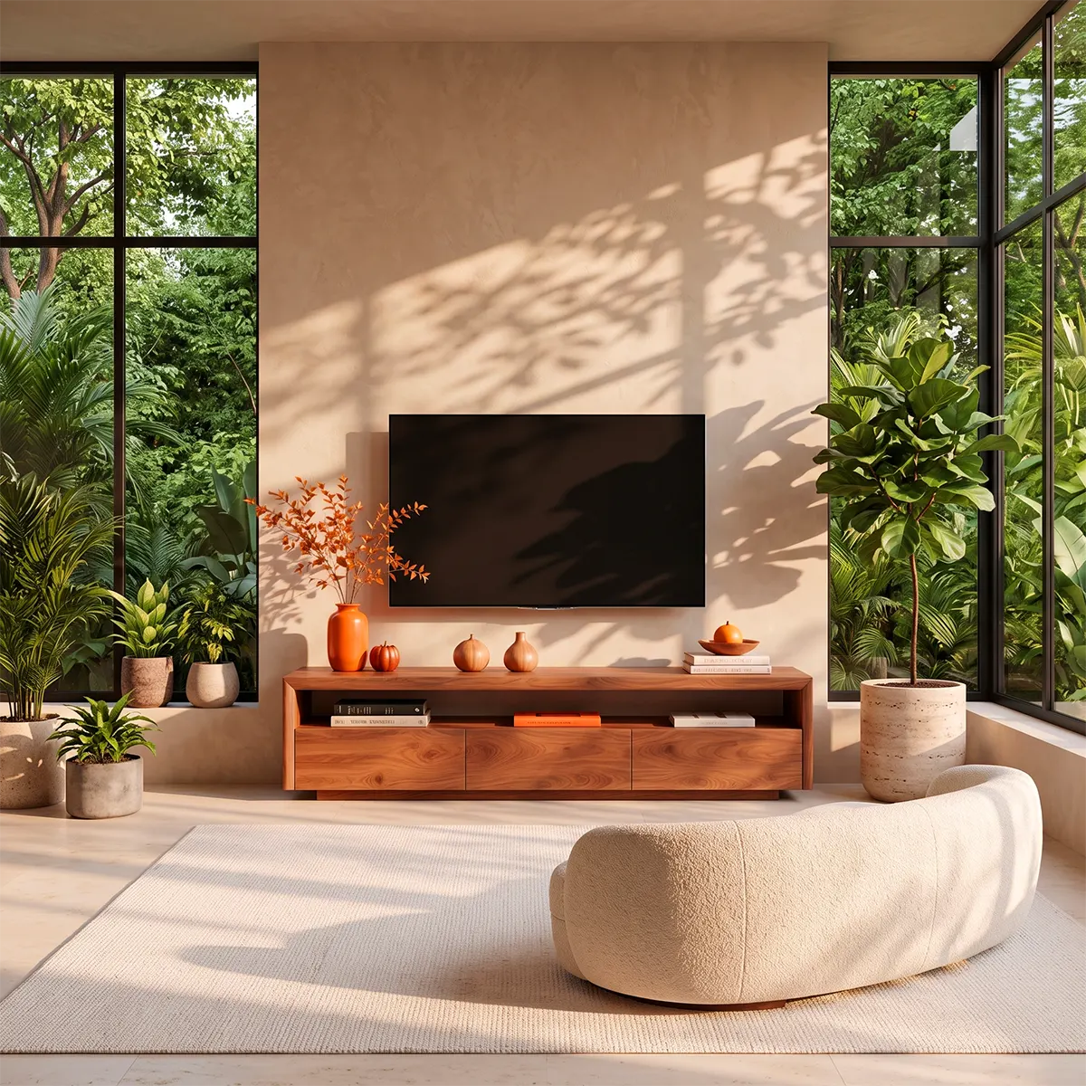Modern TV Stand with 3 Enclosed Storage Compartments & Long Open Media Shelf