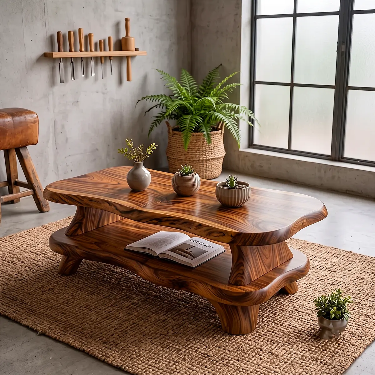 Organic Solid Wood Coffee Table with Storage Shelf | Modern Live Edge Center Table TT006-8710