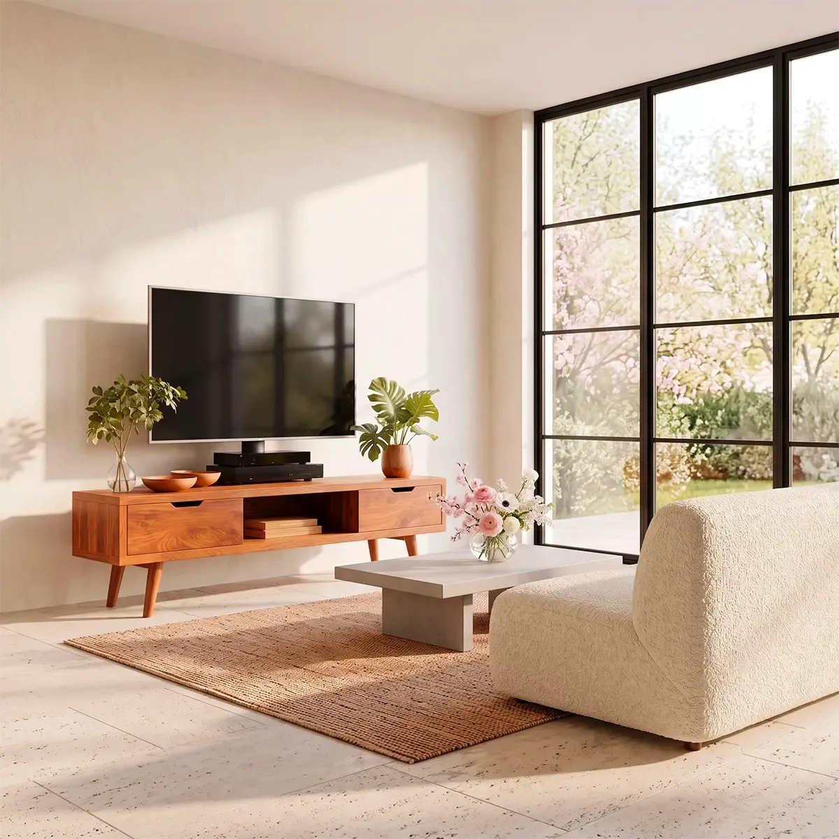 Mid-Century Modern TV Stand with 2 Drawers & Open Shelf | Low Profile Media Console