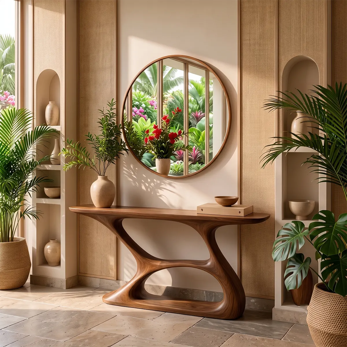 Organic Modern Console Table with Sculptural Double-Arch Base for Entryway & Living Room TT006-8669