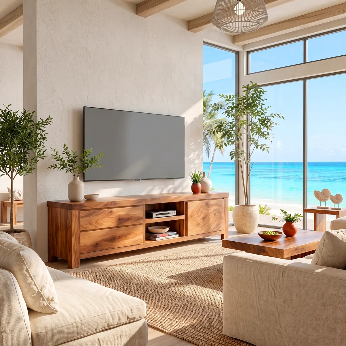 Modern TV Stand with 2 Drawers, Open Shelves & Enclosed Cabinet | Contemporary Media Console