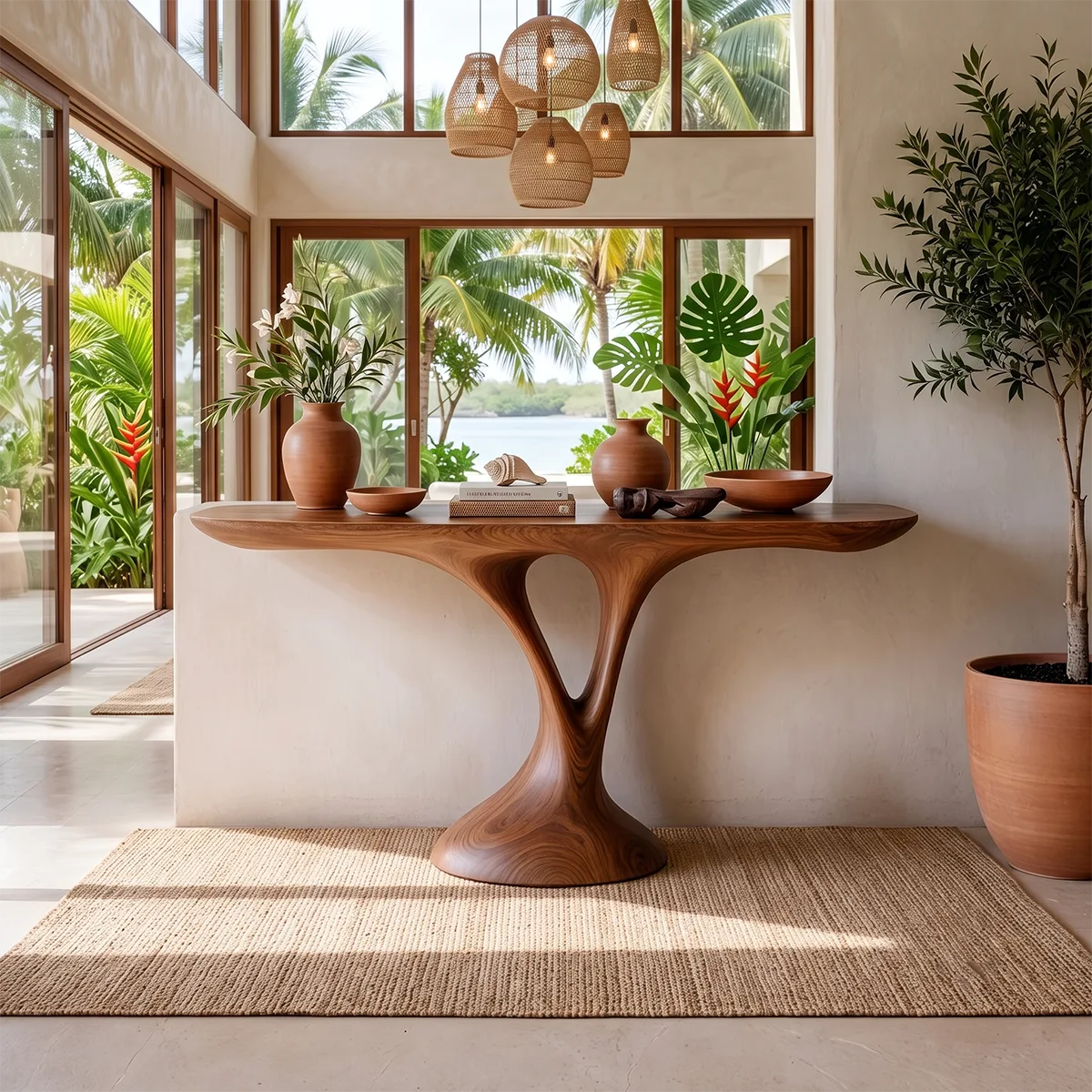 Organic Modern Console Table with Sculptural Pedestal Base for Entryway & Living Room TT006-2903