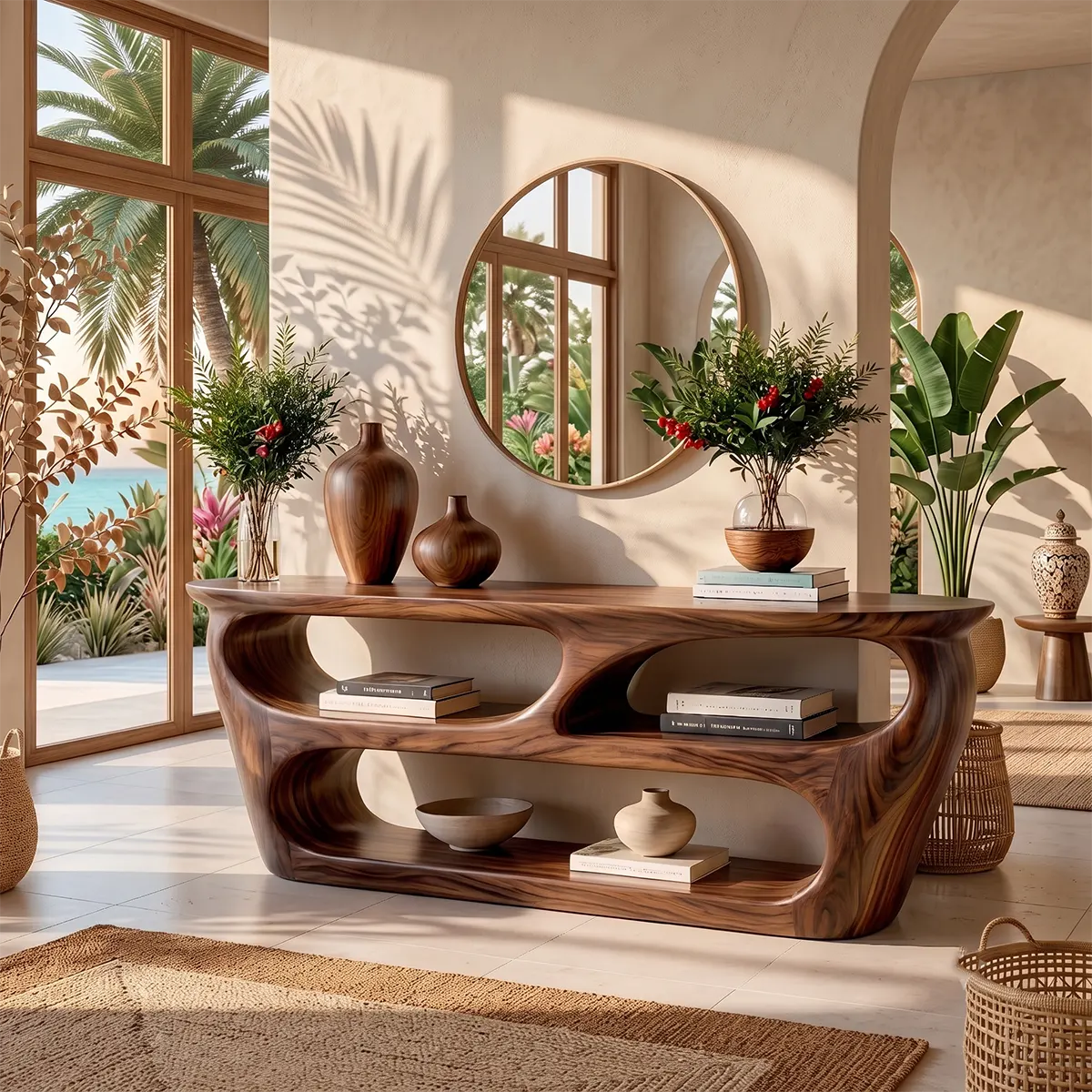 Modern Wooden Console Table with Open Shelves & Sculptural Organic Design TT006-5635