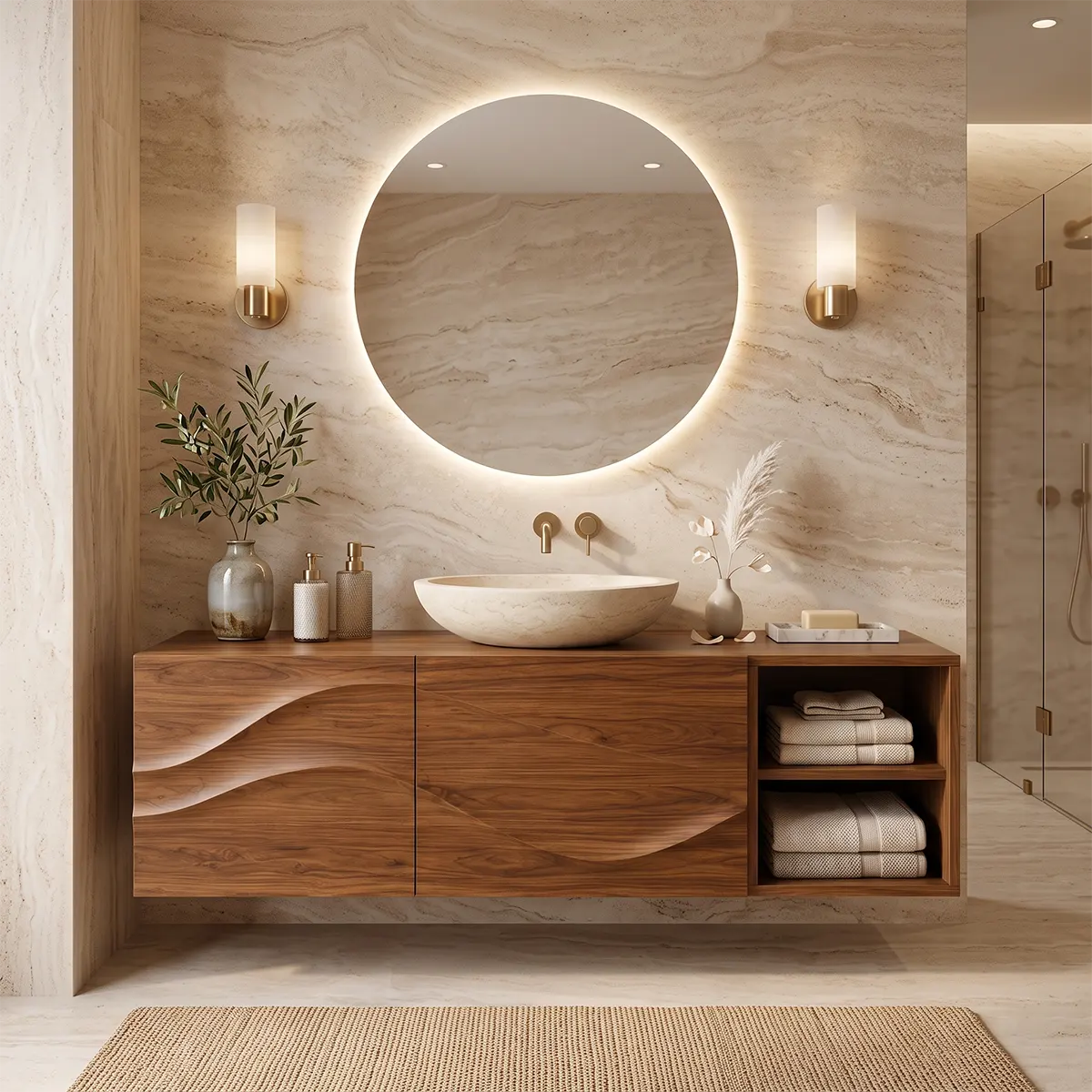 Floating Bathroom Vanity with 2 Doors | Carved Wave Front & Open Storage Shelves