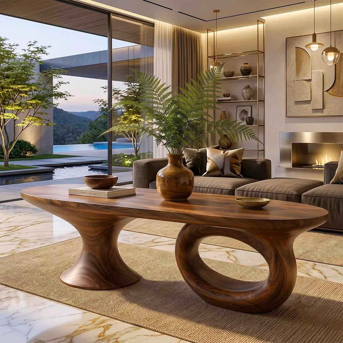 Sculptural Wood Coffee Table with Asymmetrical Pedestal Legs | Organic Modern Oval Center Table
