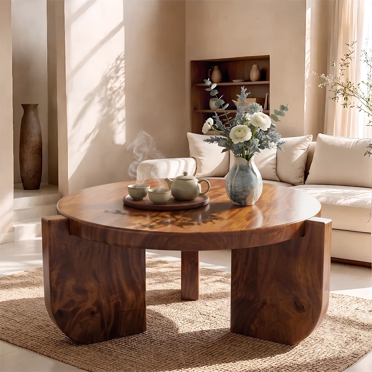 Modern Round Coffee Table with 3 Sculptural Panel Legs | Organic Contemporary Living Room Table