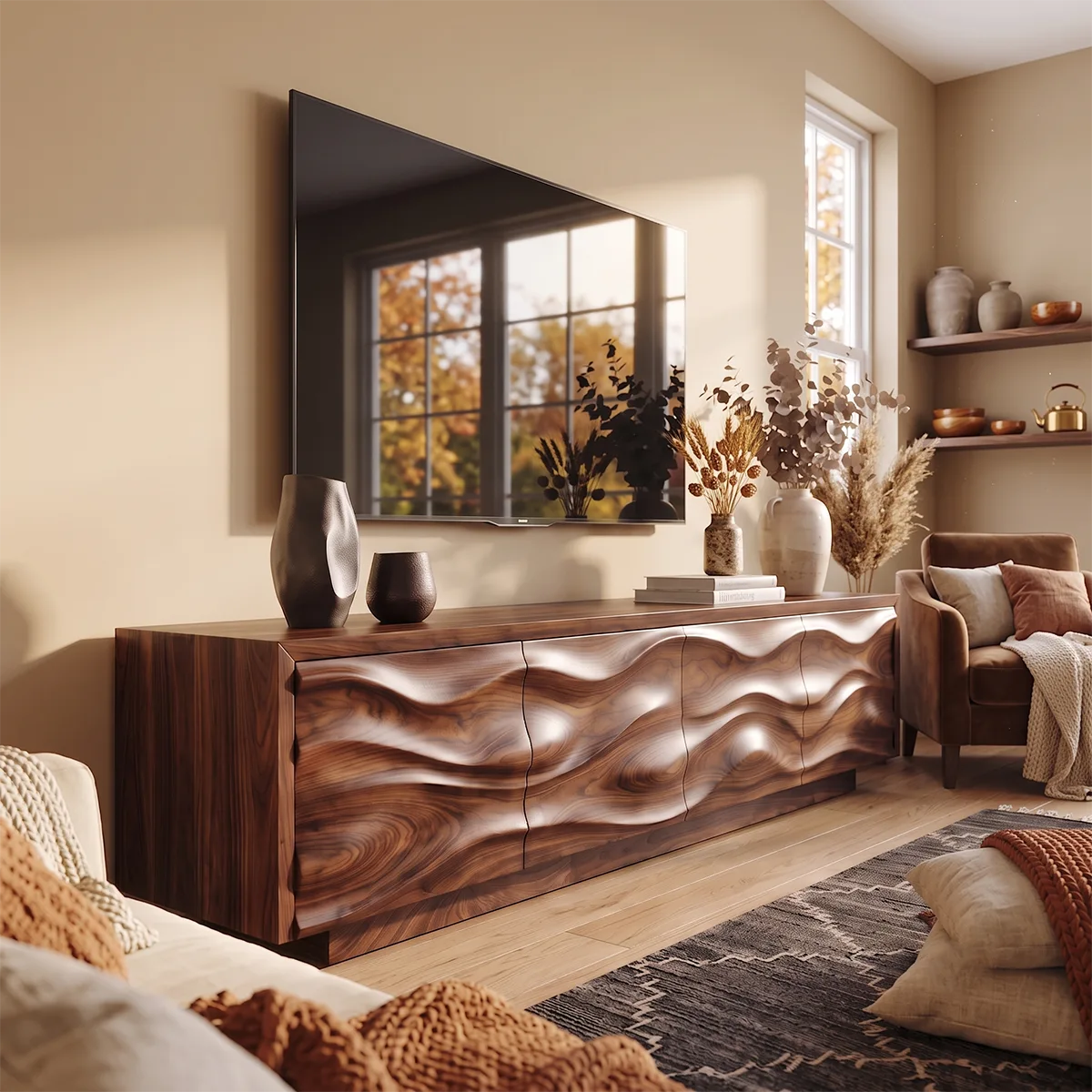 Modern Organic TV Stand with Sculpted Cabinets | Entertainment Console TT006-6CBU3TP