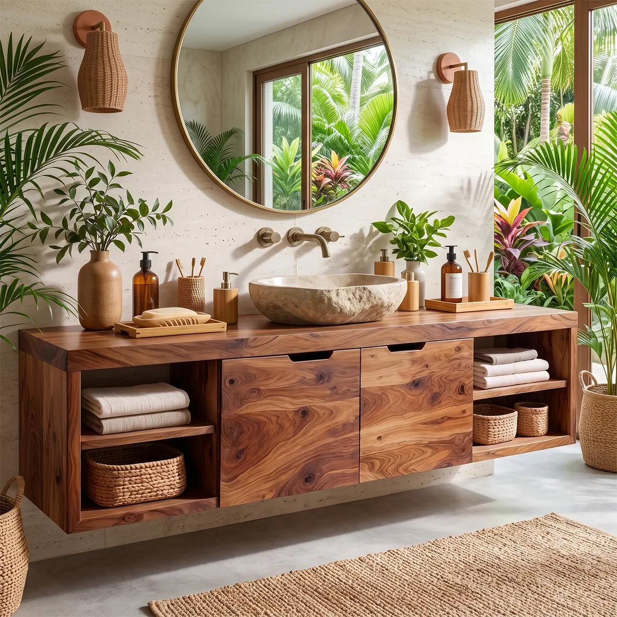 Floating Solid Wood Bathroom Vanity | Wall Mounted Single Sink Vanity with Double-Door Cabinet & Open Shelves TT006-9KLL6LF