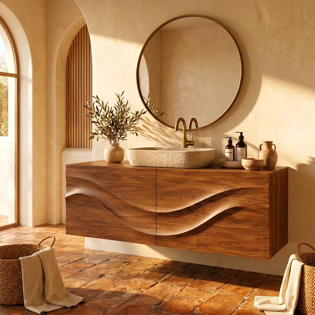 Floating Bathroom Vanity with 2 Doors | Sculpted Wave Front Wall Mounted Vanity Cabinet