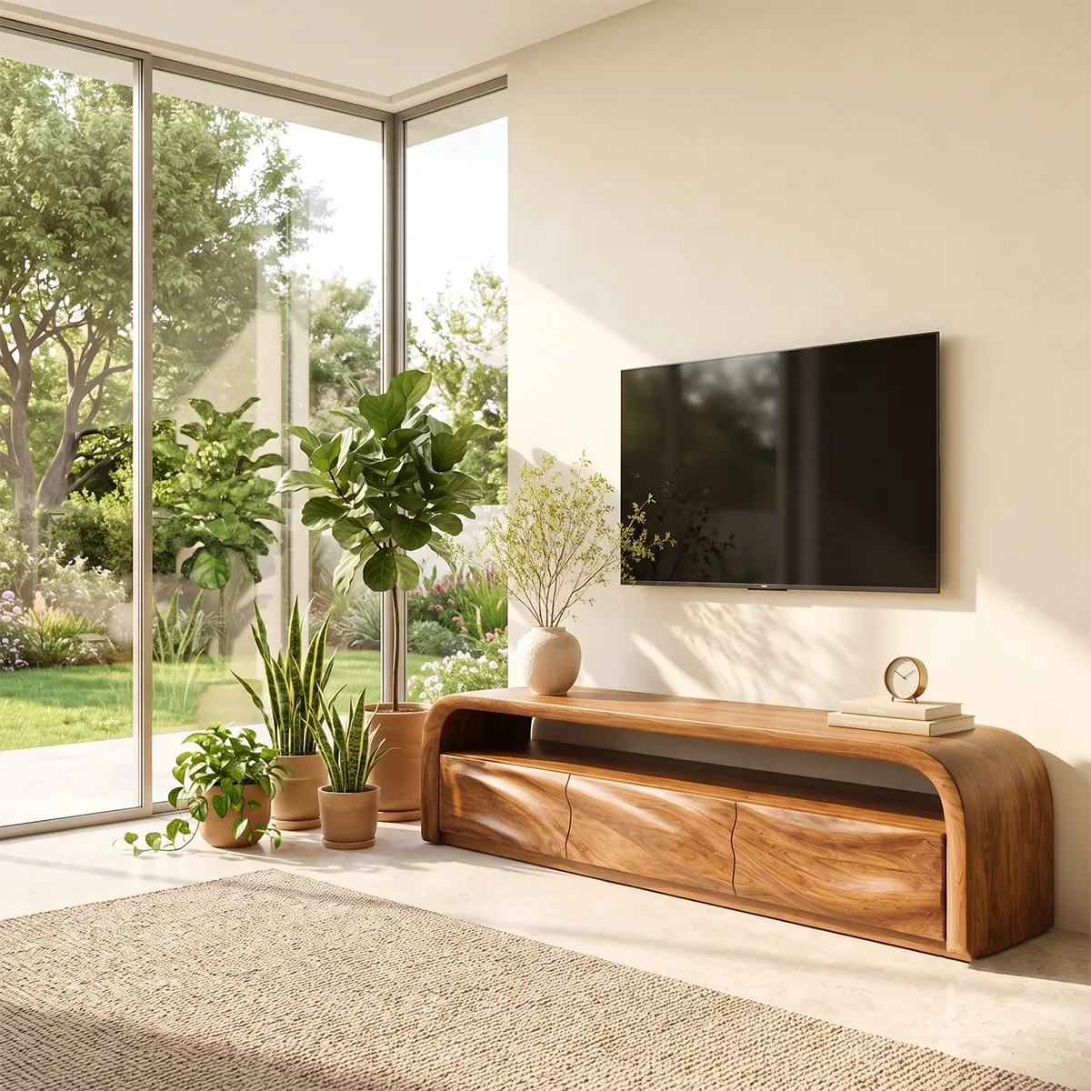 Modern Organic TV Stand with Sculpted Cabinets | Open Media Console TT006-8LGO4IB