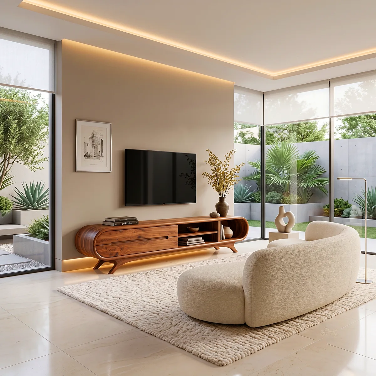 Modern Curved TV Stand with 2 Drawers & 3 Open Storage Areas | Sculptural Media Console