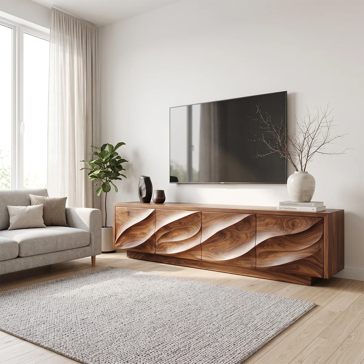 Modern Organic TV Stand with Sculpted Cabinets | Media Console TT006-9MXD1HU
