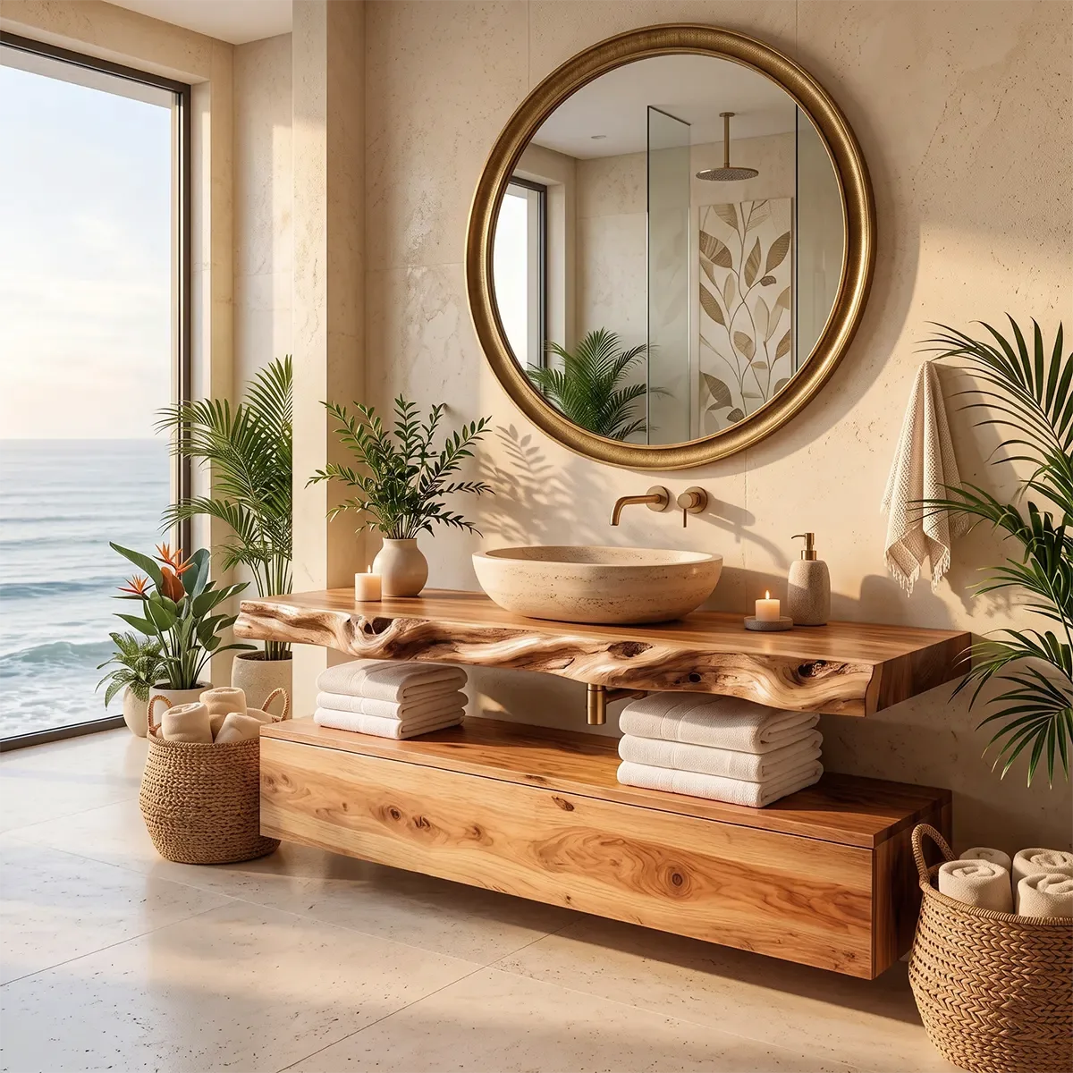Floating Bathroom Vanity with Large Drawer & Open Shelf | Live Edge Organic Modern Design