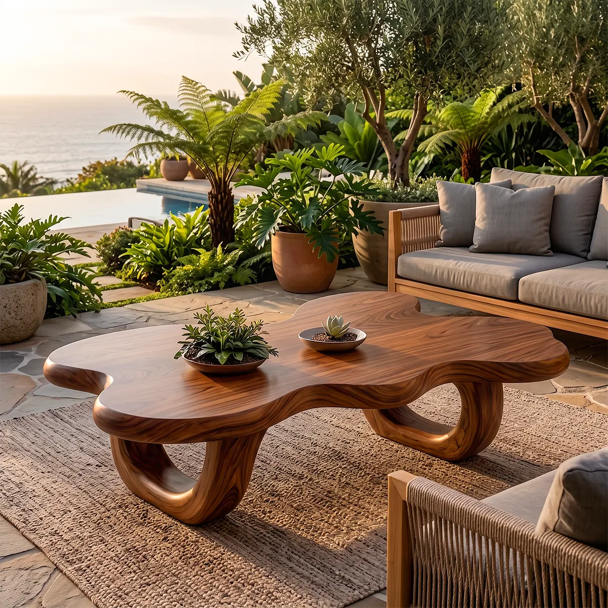 Modern Organic Wood Coffee Table with Freeform Top & Sculptural Base TT006-8349