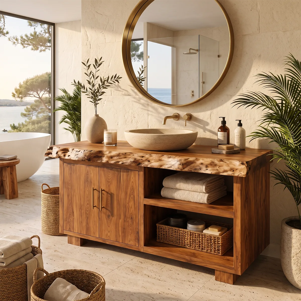 Freestanding Bathroom Vanity with 2 Doors & Open Shelves | Live Edge Vanity Cabinet with Storage