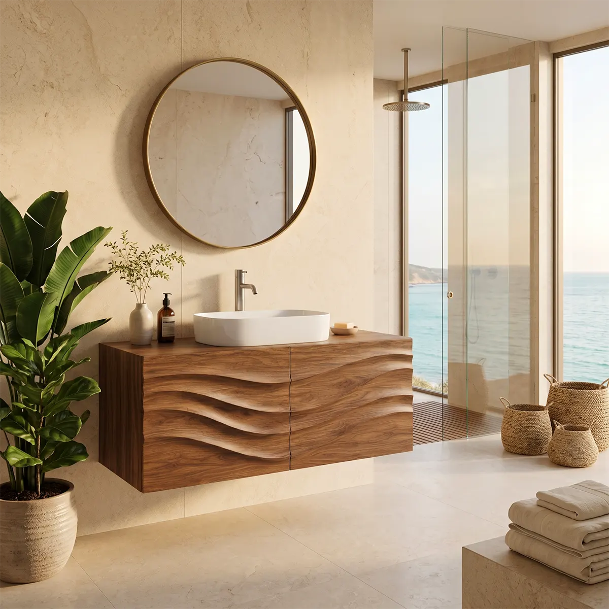 Floating Bathroom Vanity with 2 Doors | Carved Wave Front Wall Mounted Vanity Cabinet