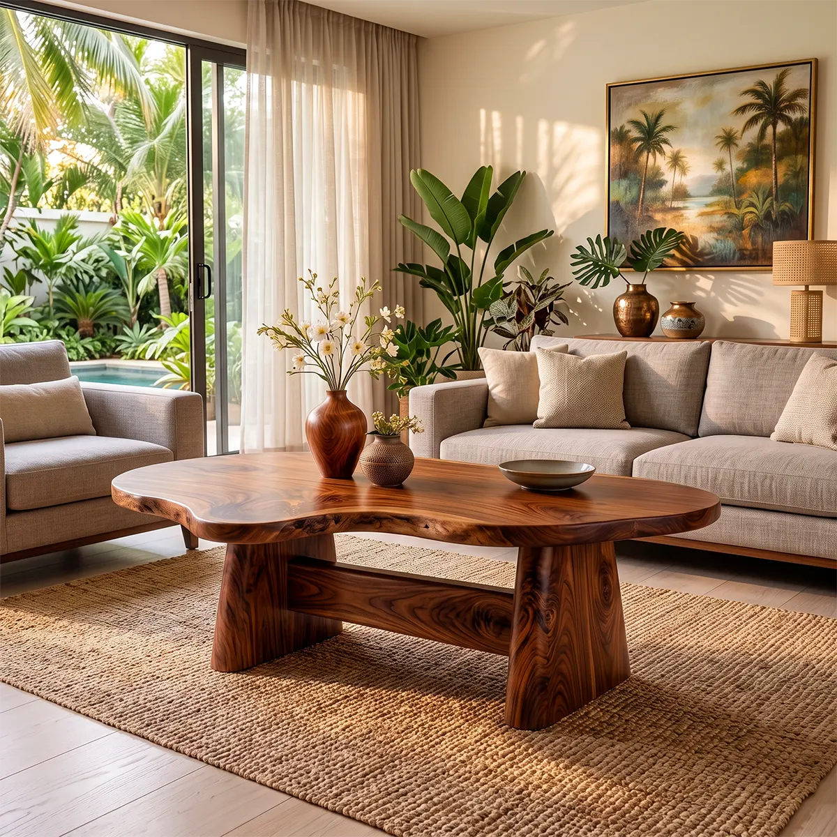 Organic Solid Wood Coffee Table | Live Edge Modern Center Table with Sculptural Base TT006-5632