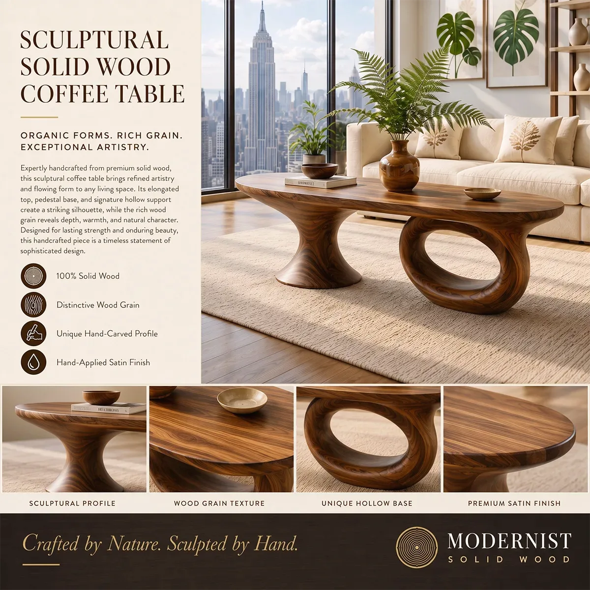Sculptural Wood Coffee Table with Asymmetrical Pedestal Legs | Organic Modern Oval Center Table