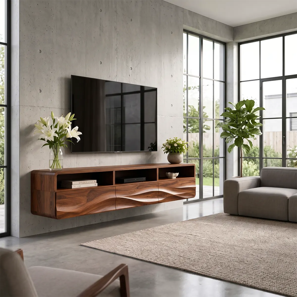 Organic Modern Floating TV Stand with Open Shelving & Three Drawers TT006-8JIK6GK