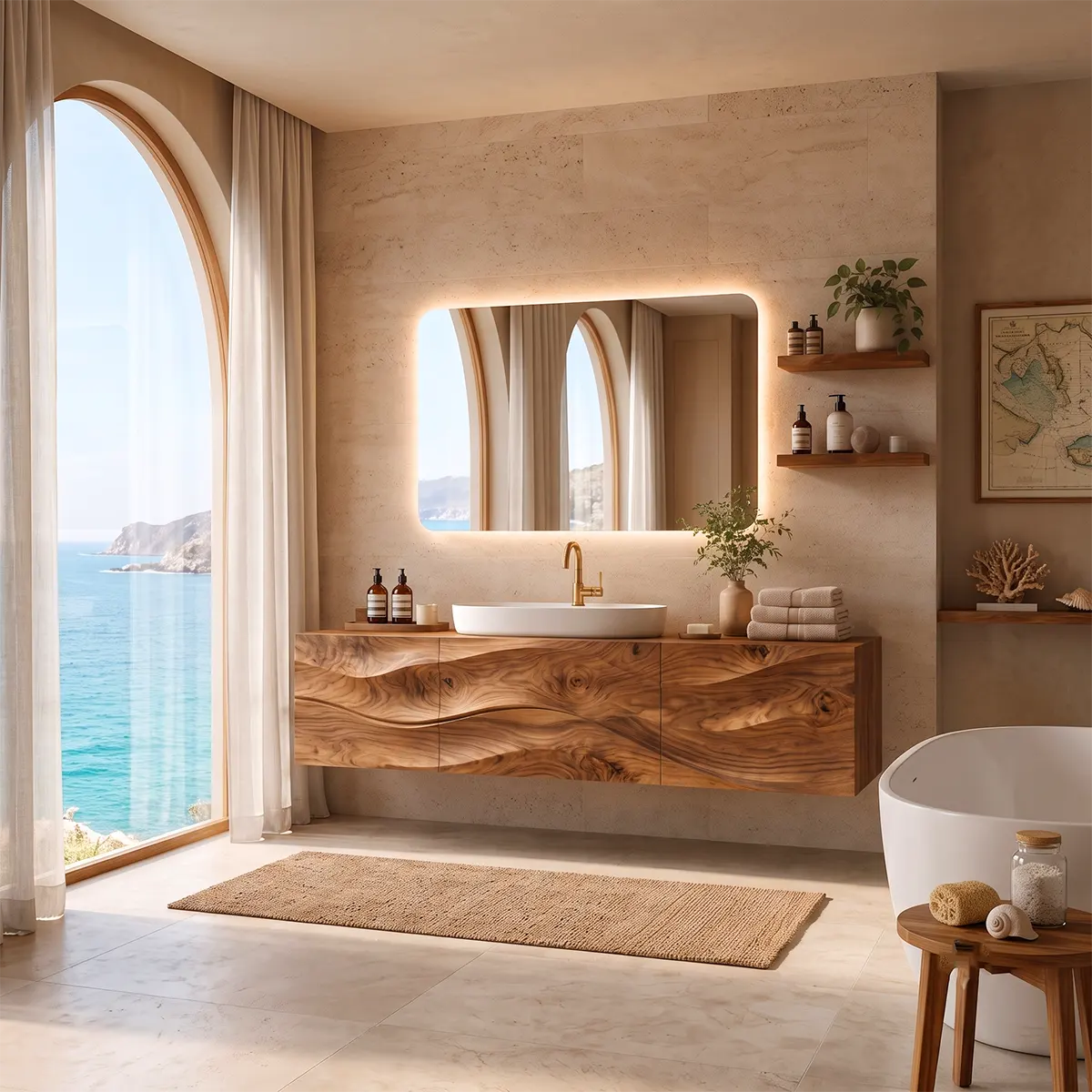 Floating Bathroom Vanity with 3 Doors | Sculpted Wave Front & Handleless Modern Design
