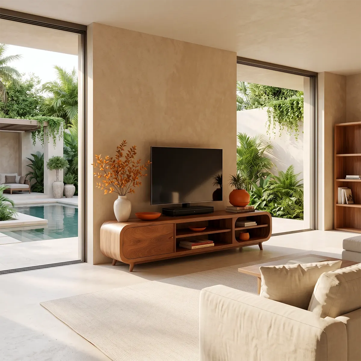 Modern TV Stand with Enclosed Storage & 4 Open Shelves | Curved Media Console