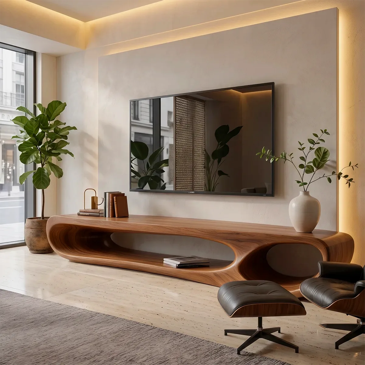 Modern Sculptural TV Stand with Open Display Shelves | Organic Media Console TT006-2SJT8FS