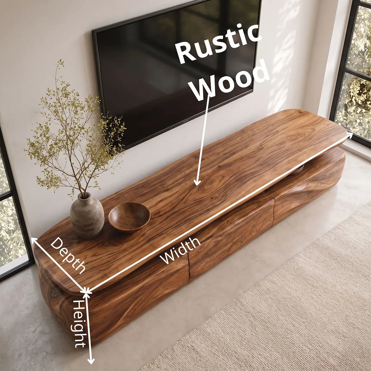 Modern Organic TV Stand with Three Sculpted Cabinets | Open Display Media Console TT006-3GCV7CG