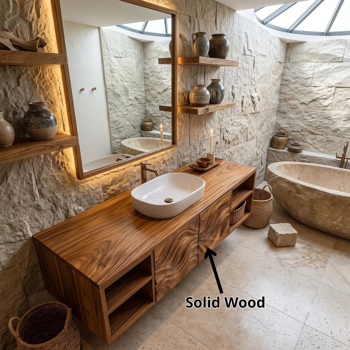 Floating Bathroom Vanity with Wave Carved Doors & Open Shelves | Modern Wall Mounted Vanity