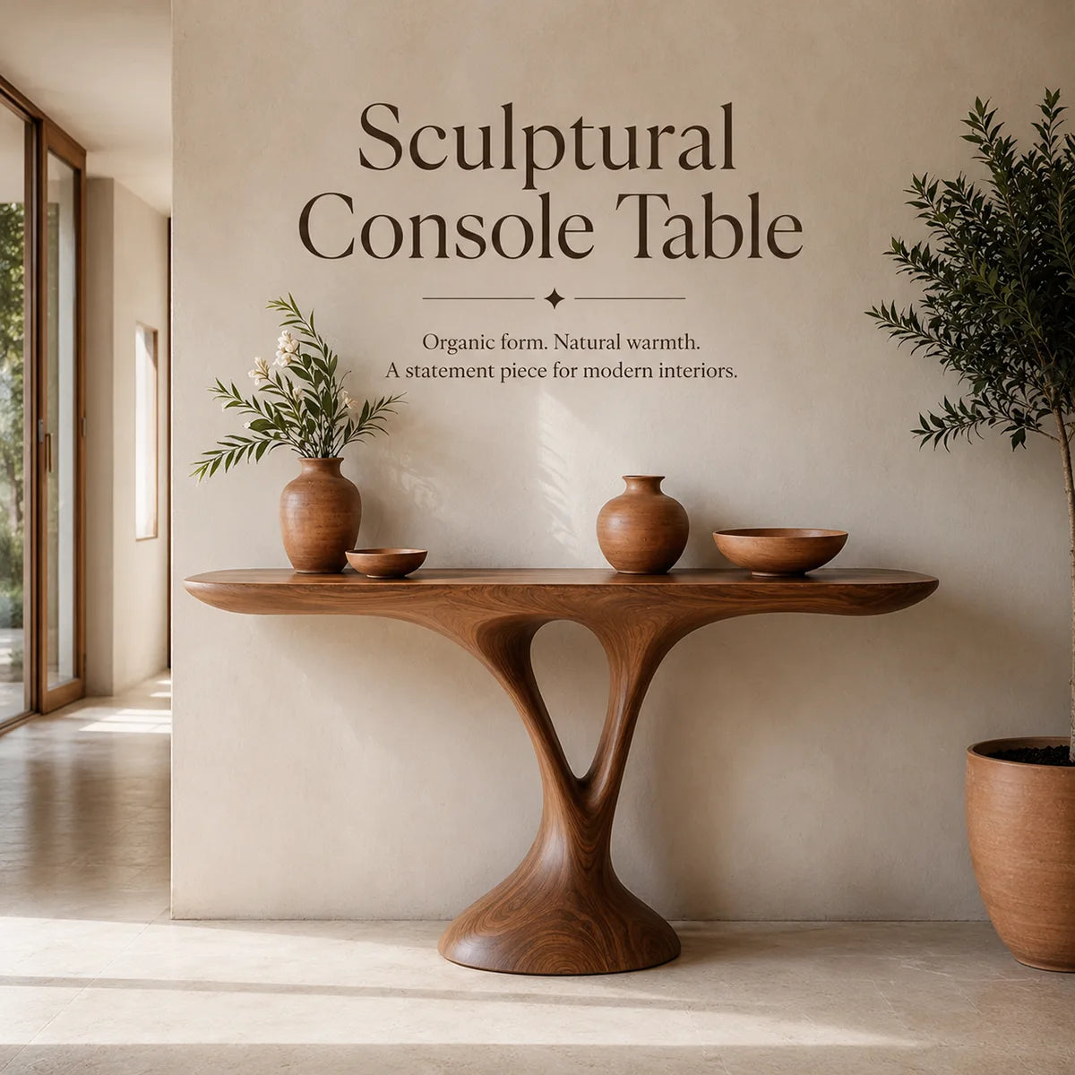 Organic Modern Console Table with Sculptural Pedestal Base for Entryway & Living Room TT006-2903