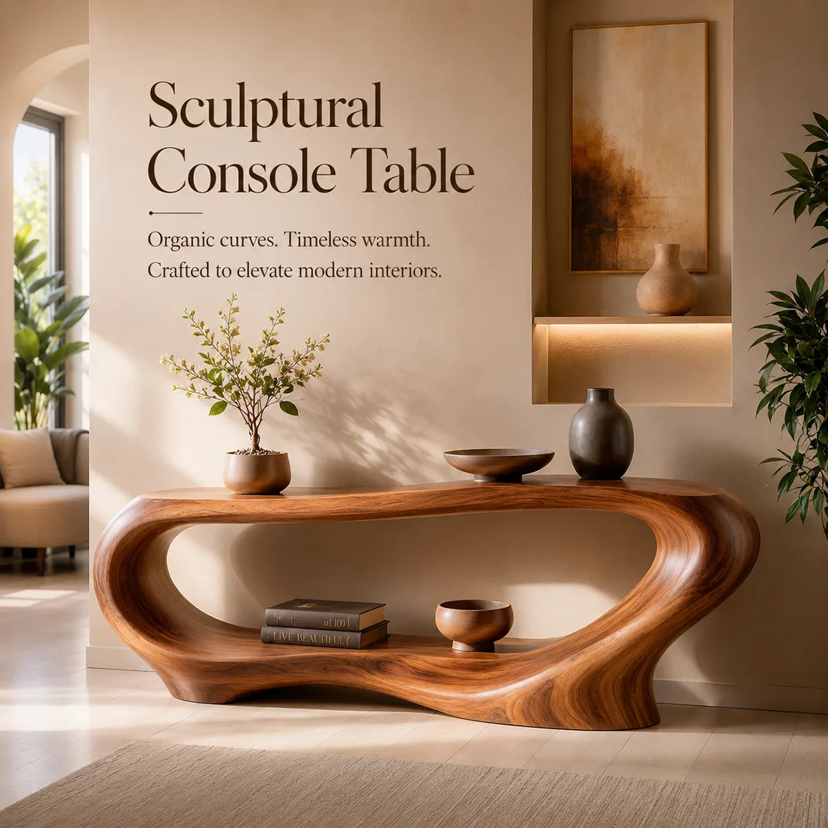 Organic Modern Console Table with Open Display Shelf & Sculptural Curved Design TT006-3660