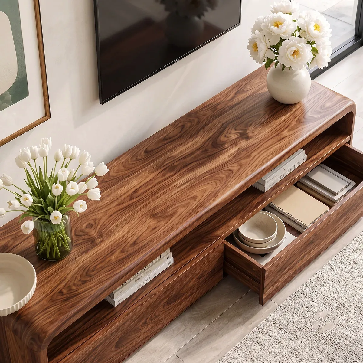 Modern TV Stand with Open Shelf & 2 Large Drawers | Minimalist Media Console TT006-2PMS8ZG