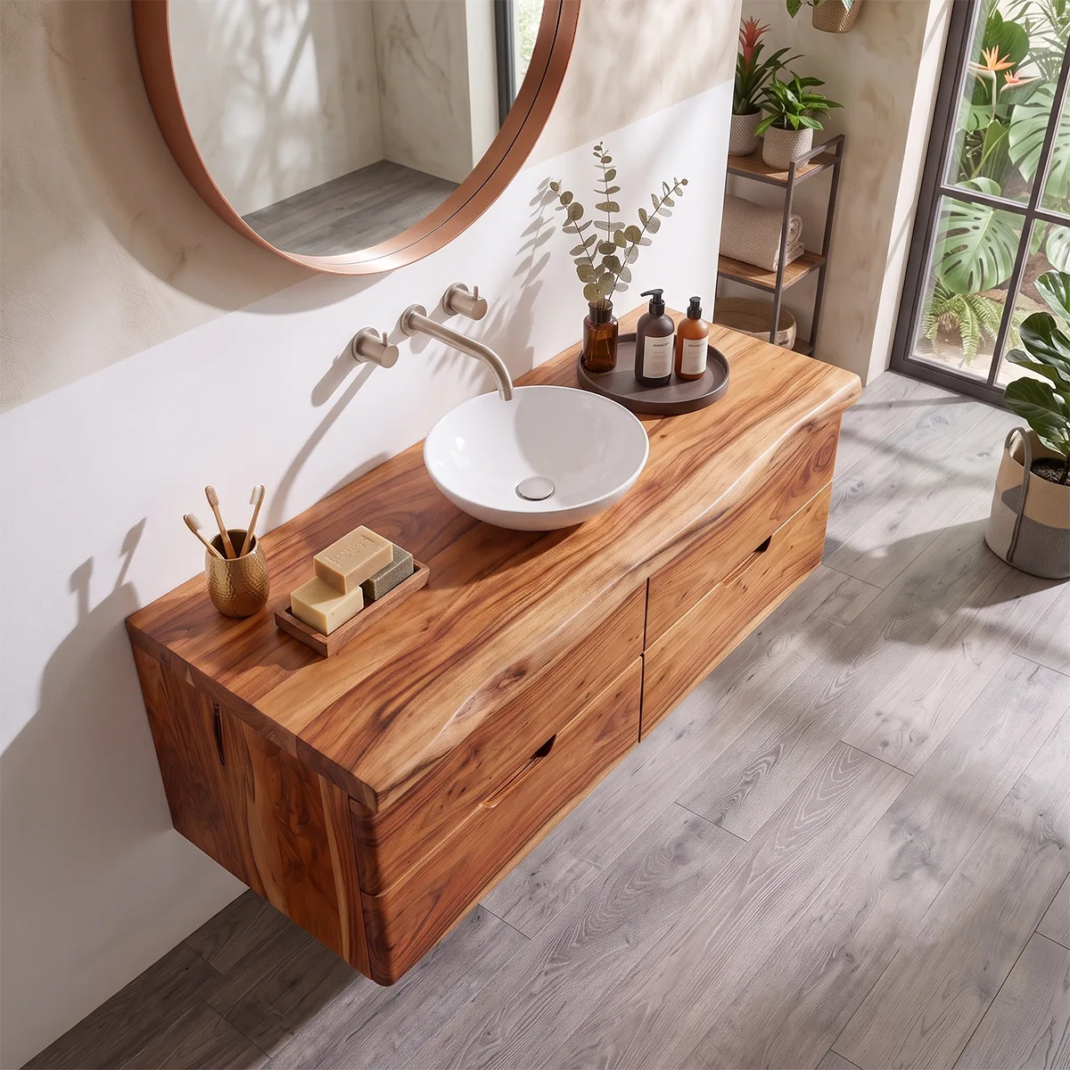 Floating Solid Wood Bathroom Vanity | Modern Wall Mounted Single Sink Vanity with 4 Drawers TT006-3LLJ4UM