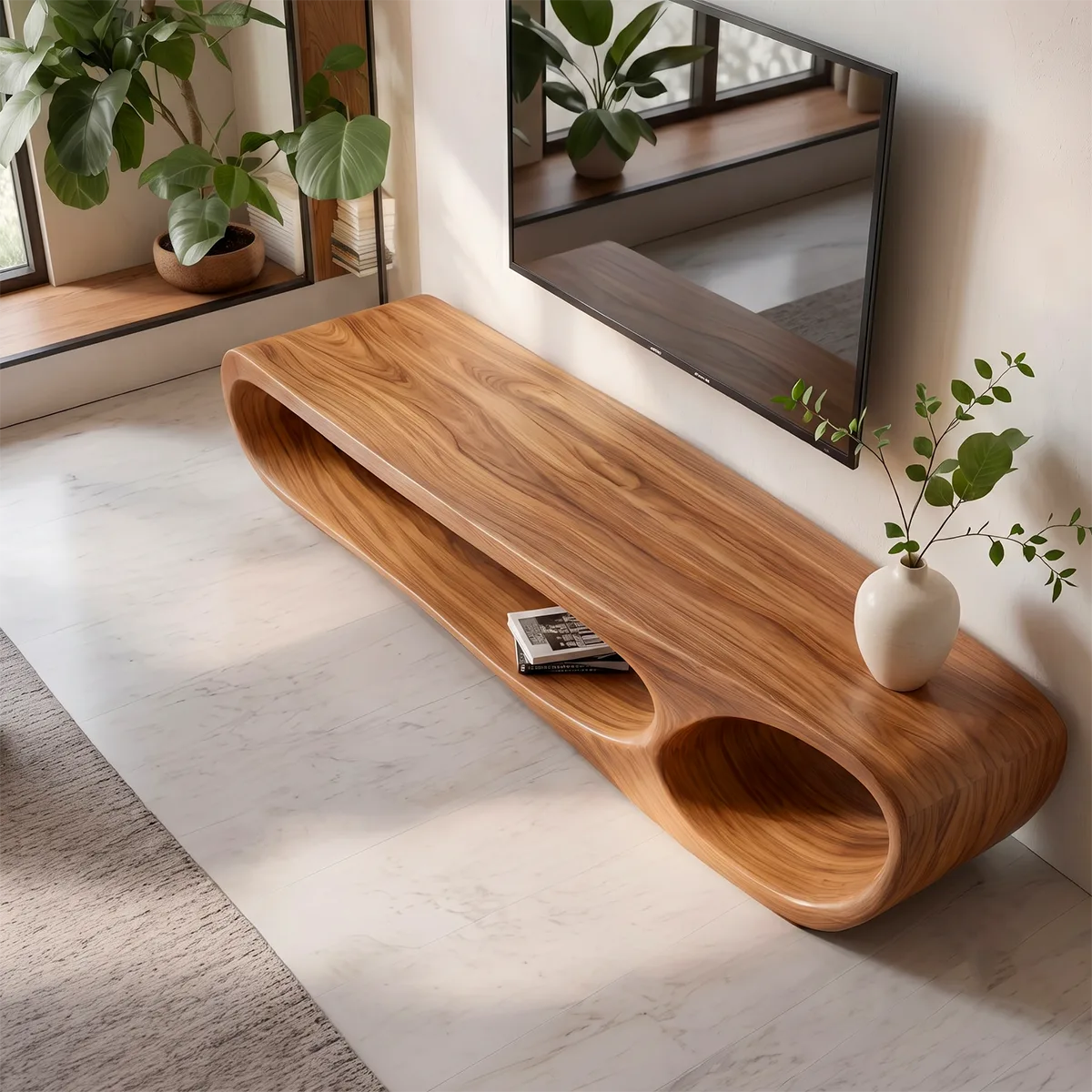 Modern Sculptural TV Stand with Open Display Shelves | Organic Media Console TT006-2SJT8FS